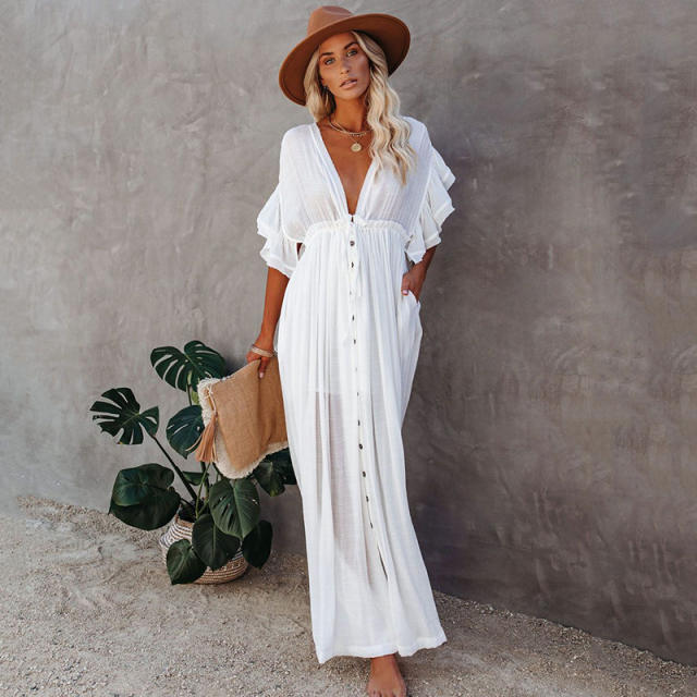 Solid color swimwear cover up beach dress