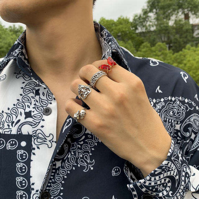Vintage red color gemstone butterfly punk ring set for men