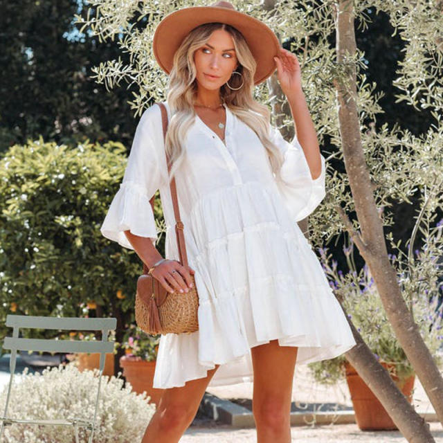 White color ruffle short beach dress cover up