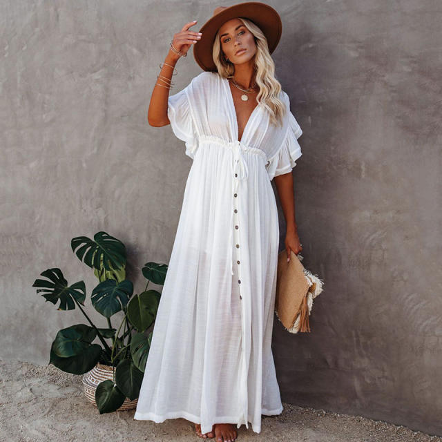 Solid color swimwear cover up beach dress