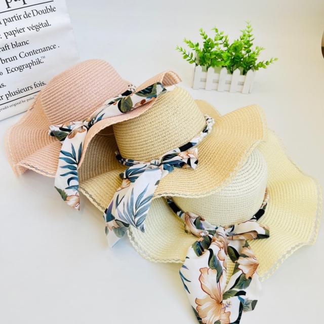 Scarf bow wide brim straw beach hat