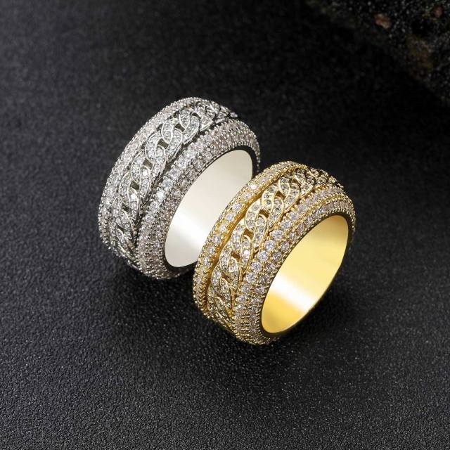 Pave setting cubic zircon rotatable cuban chain mens rings