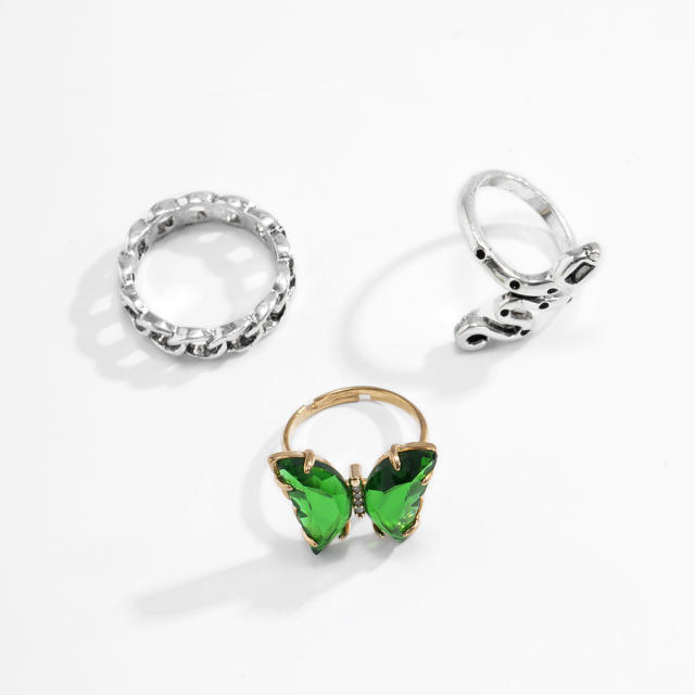 3pcs green color gem butterfly snake punk mens ring set