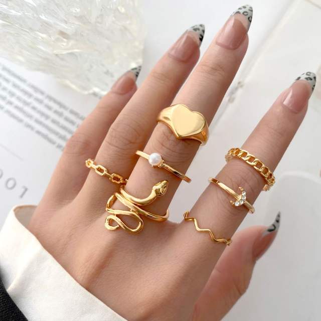 Unique rhinestone moon snake stackable ring set