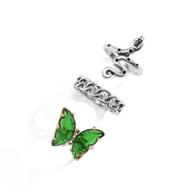 3pcs green color gem butterfly snake punk mens ring set