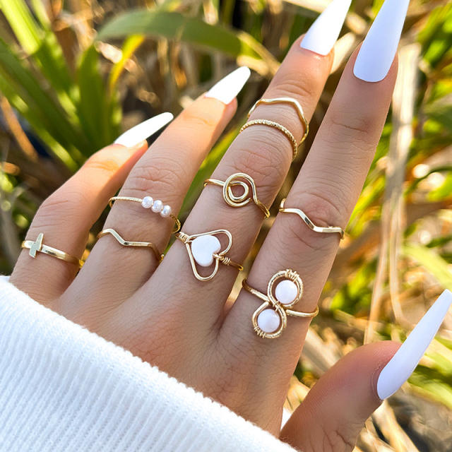 Hollow heart pearl flash 9pcs stackable rings