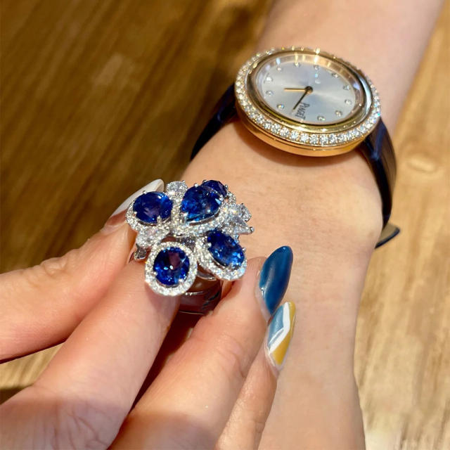 Sapphire cubic zircon flower ring for women