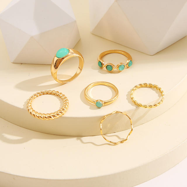 6pcs green color rhinestone stackable rings