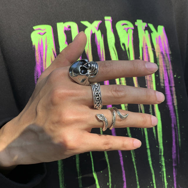 Vintage punk trend skull ring set for men