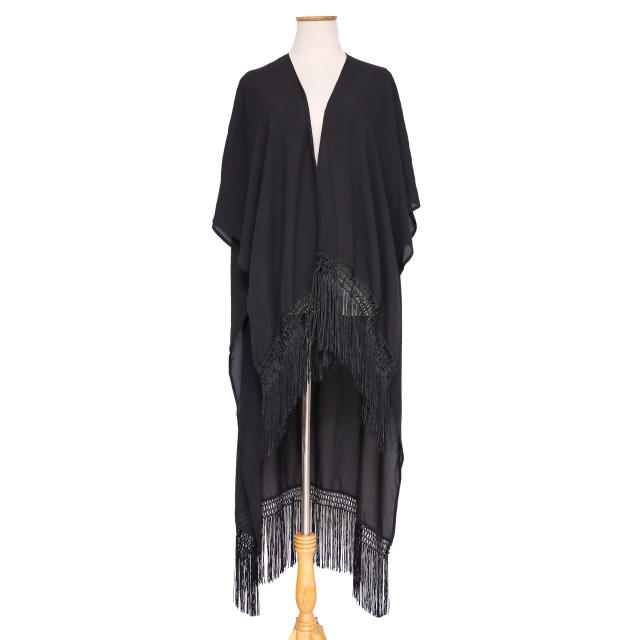 Plain color long tassel beach cover up