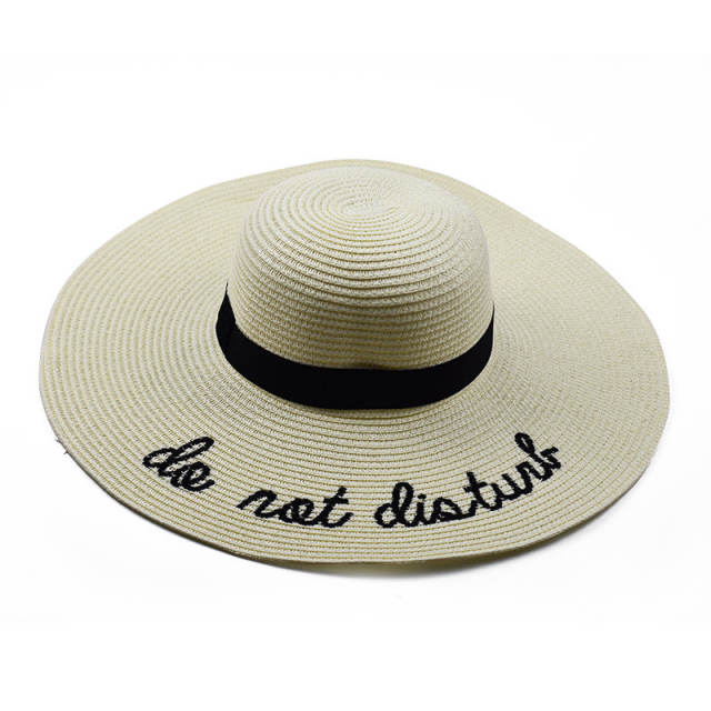 Embroidered letter wide brim straw hat