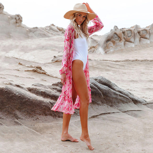 Pink color flower printing chiffon bikini cover up
