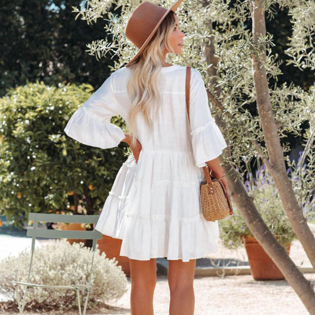 White color ruffle short beach dress cover up