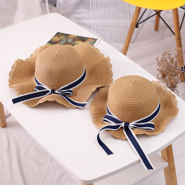 Mommy and baby wide brim ribbon bow straw hat