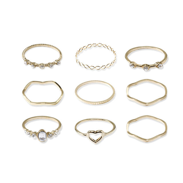 9pcs simple geometric wave stackable ring