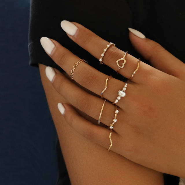 9pcs simple geometric wave stackable ring
