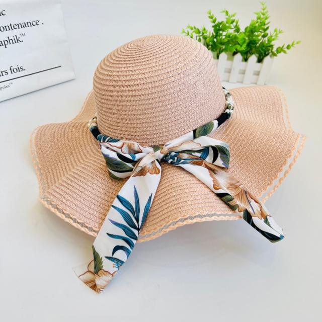 Scarf bow wide brim straw beach hat