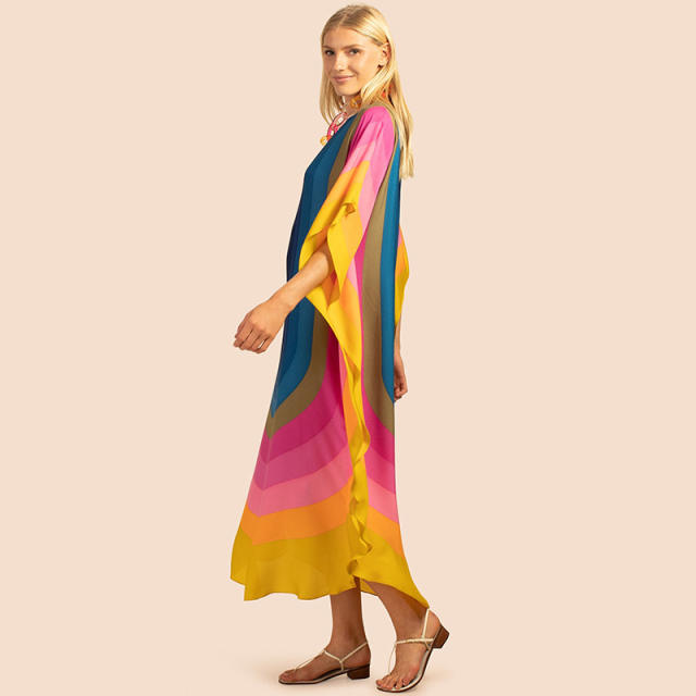 Occident rainbow pattern loose beach dress cover up