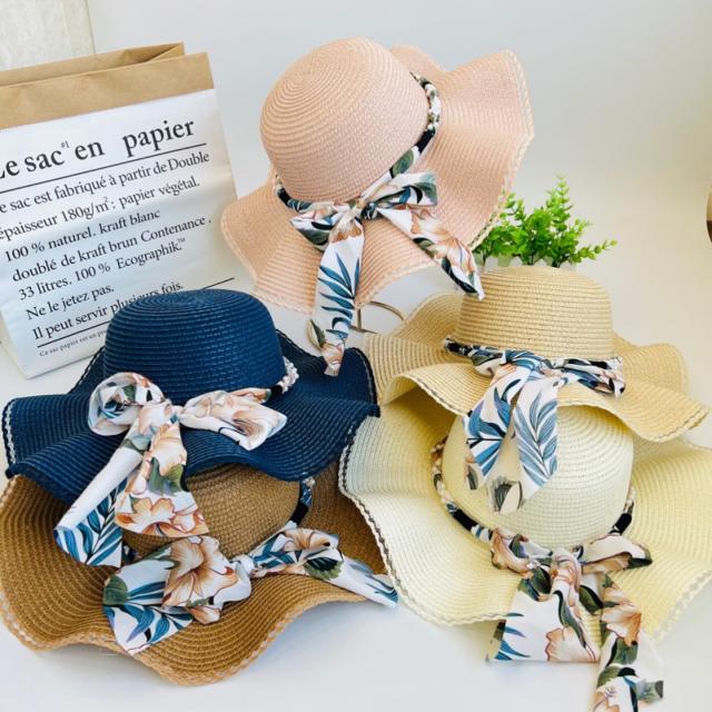 Scarf bow wide brim straw beach hat