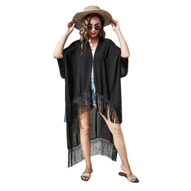 Plain color long tassel beach cover up