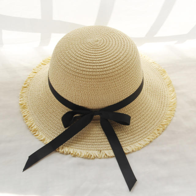 Black ribbon bow straw beach hat