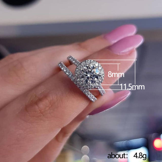 Full of rhinestone round cut cz 2pcs wedding ring set