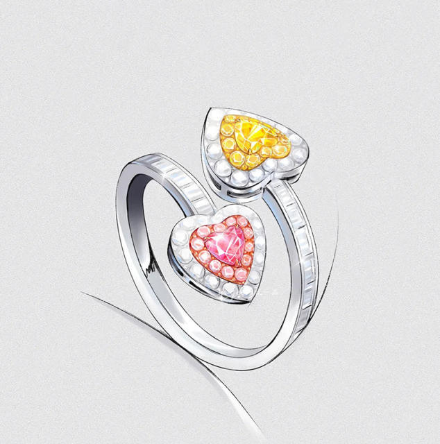 Sweet pink yellow cubic zircon heart openning rings for women