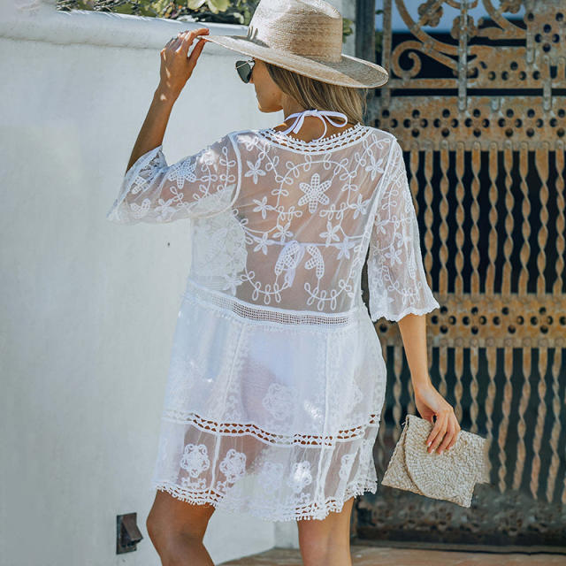 Sexy lace white color short beach dress cover up