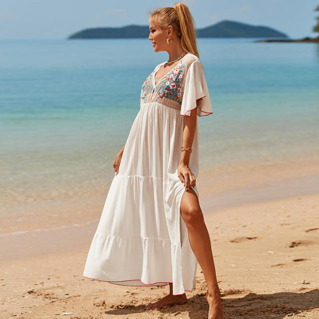 White rayon embroidered beach cover-up