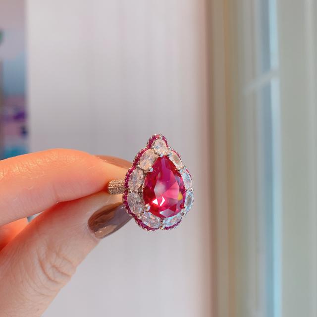 Rose red color pear cut cubic zircon rings