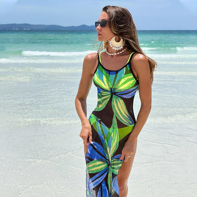 Sexy color printing slit beach dress