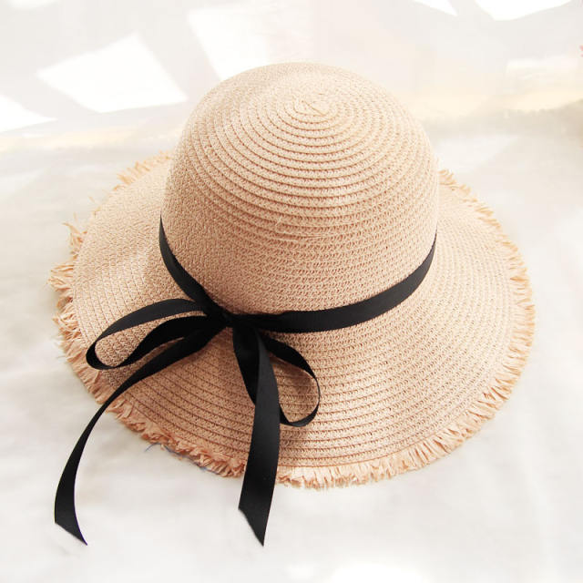 Black ribbon bow straw beach hat