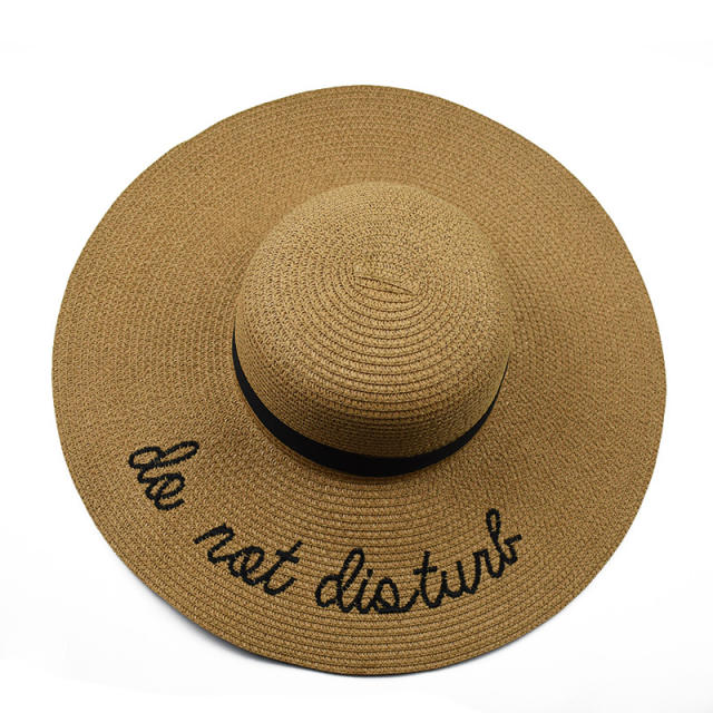 Embroidered letter wide brim straw hat