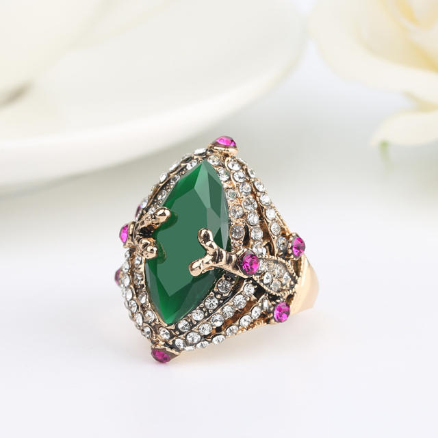 Boho green color horse eye shape resin cubic zircon rings