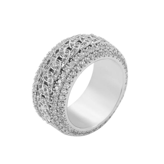 Pave setting cubic zircon rotatable cuban chain mens rings