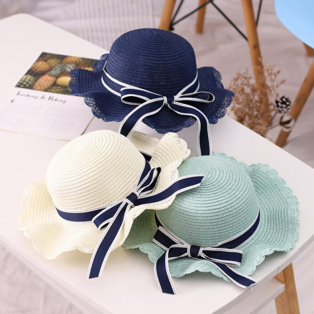 Mommy and baby wide brim ribbon bow straw hat