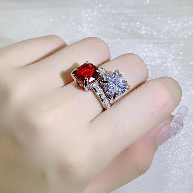 New red transparent gemstone open ring