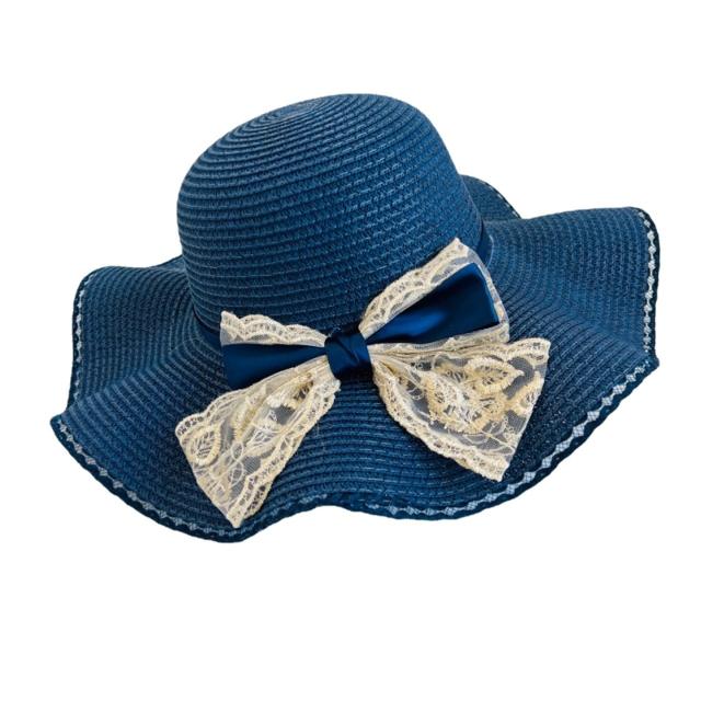 Lace bow wave brim straw beach hat