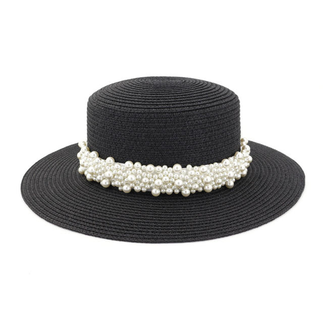Faux pearl straw beach hat
