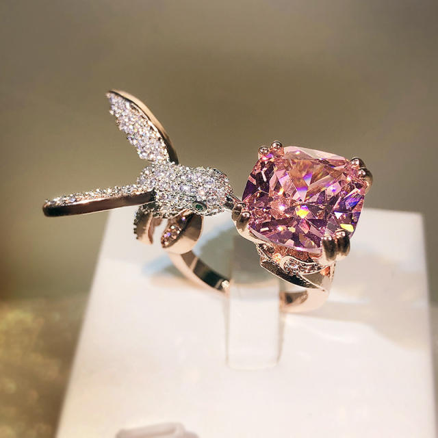 Fashion creative hummingbird pave setting rhinestone colorful rings