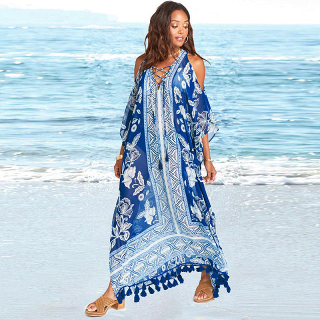 Chiffon flower print swimsuits cover up beach dress