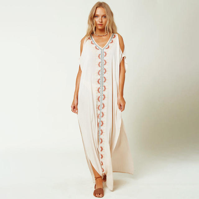 Occident artificial cotton embroidered cold shoulder dress beach cover-up