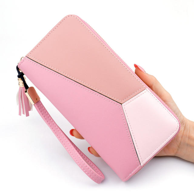 Long style tassel zopper stitching color purse