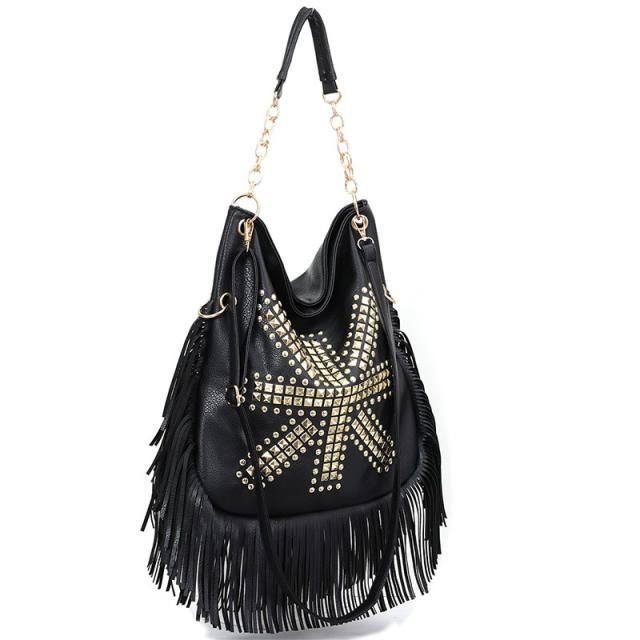 Black tassel rivet tassel tote bag