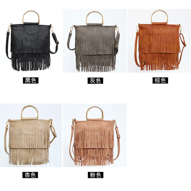 Metal handle solid color tassel handbag