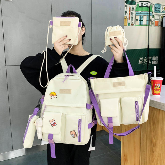 New design contrast color korean fashion school bag backpack set