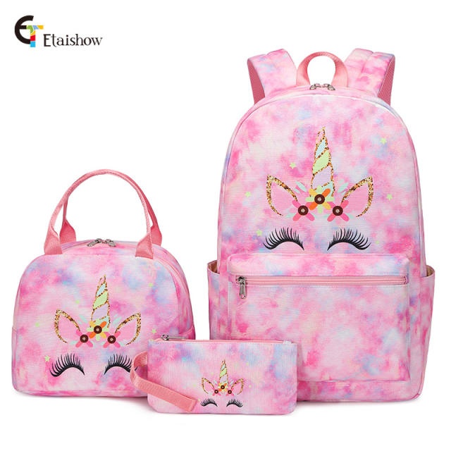3pcs cartoon unicorn pattern backpack set