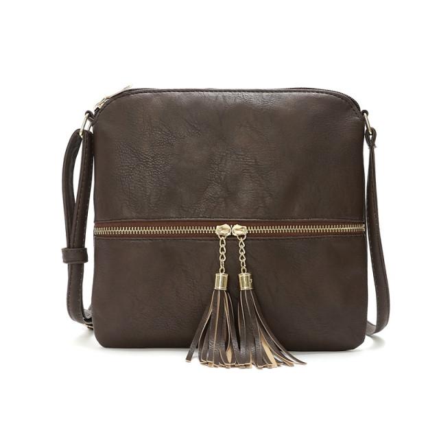 Solid color tassel zipper crossbody bag