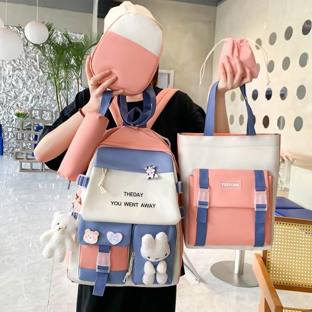 Korean fashion contrast color nylon large capacity backpack set
