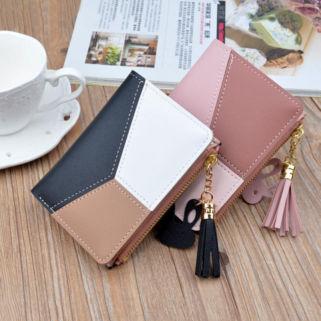 Three-color stitching zipper tassel purse